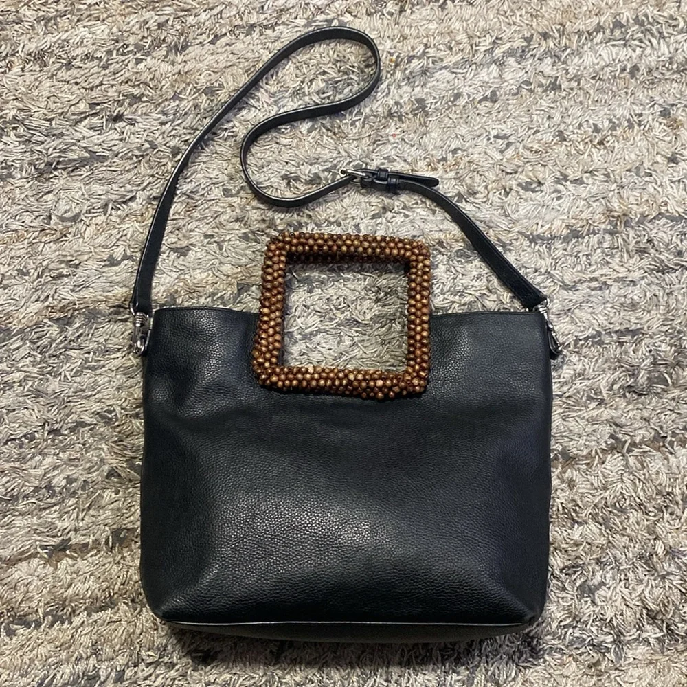J.Jill Elegant Black pebbled Leather Bag with Wooden Handle - Picture 3 of 14